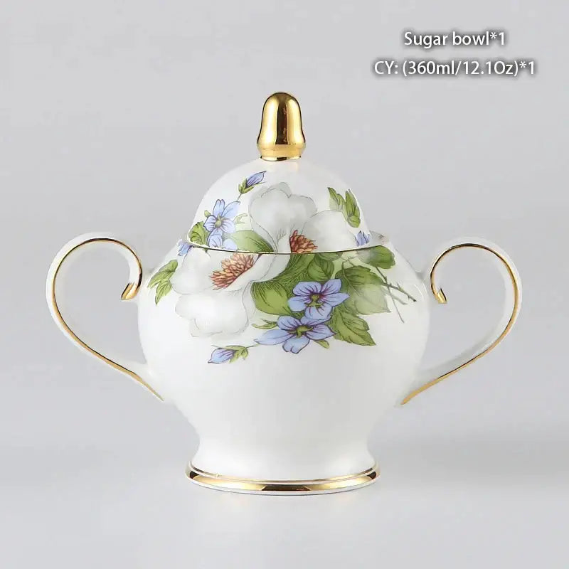 Classical gold trimmed bone china sugar bowl with delicate blue and green floral design in a decorbites creamer set