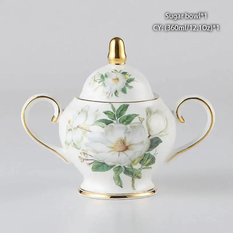 Classical gold trimmed bone china sugar bowl with white rose design and green leaves in decorbites creamer set