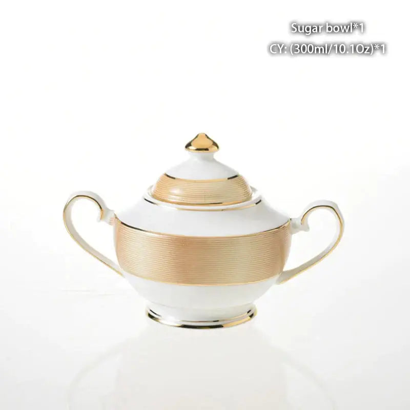 Elegant white porcelain sugar bowl with gold-toned stripes and lid from decorbites bone china creamer set