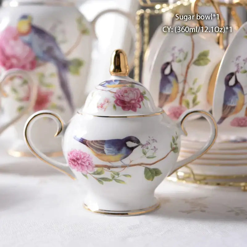 Classical gold trimmed bone china sugar bowl with blue bird and pink roses in decorbites creamer set dining room decor