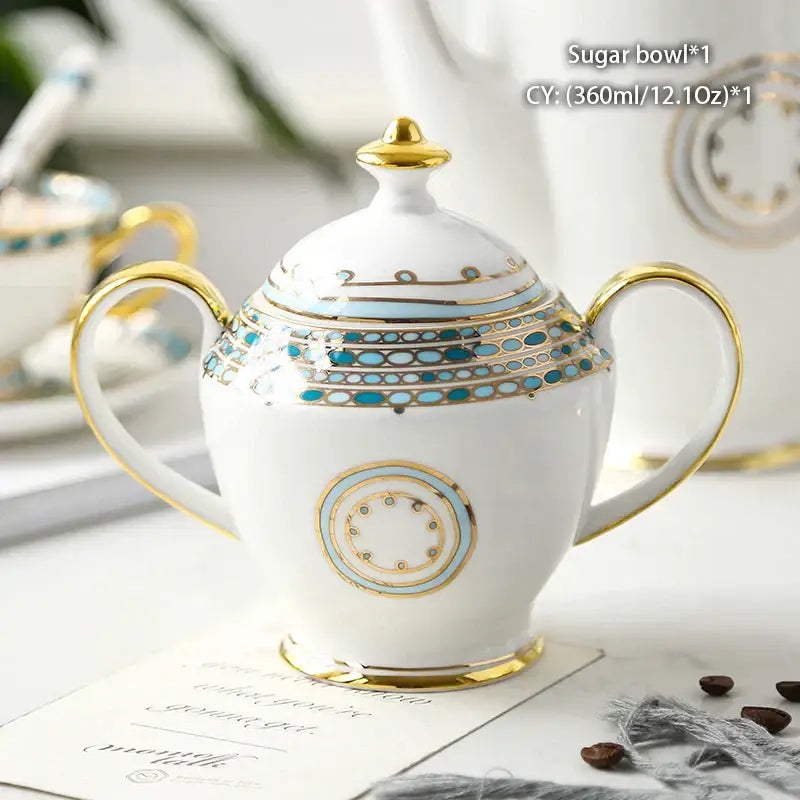 White ceramic sugar bowl with gold and turquoise patterns two handles matching lid classical decorbites bone china creamer set
