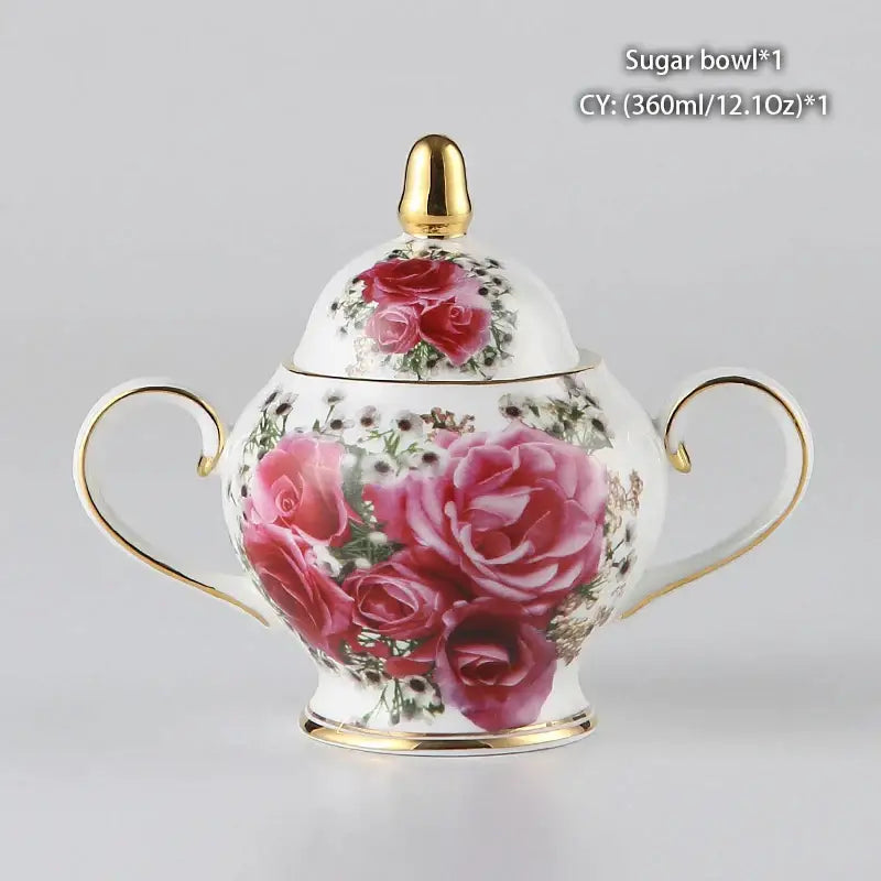 Classical gold trimmed white ceramic sugar bowl with hand-painted pink roses from decorbites bone china creamer set