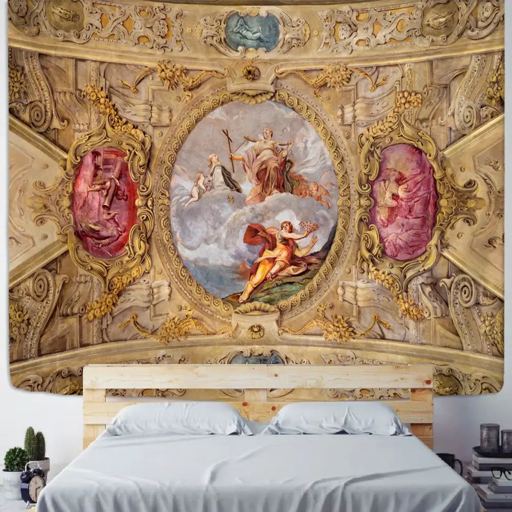 Ornate gold and pink boho printed tapestry wall hanging above a wooden bed for decorbites boho printed bedroom decor