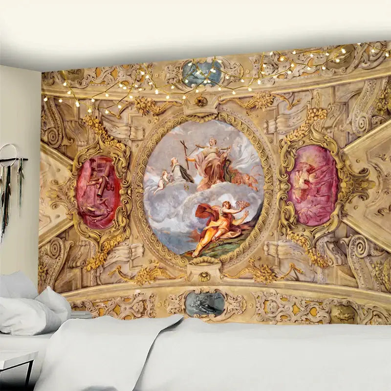Classical ornate gold and pink boho printed tapestry wall decorbites boho printed tapestry for bedroom decor