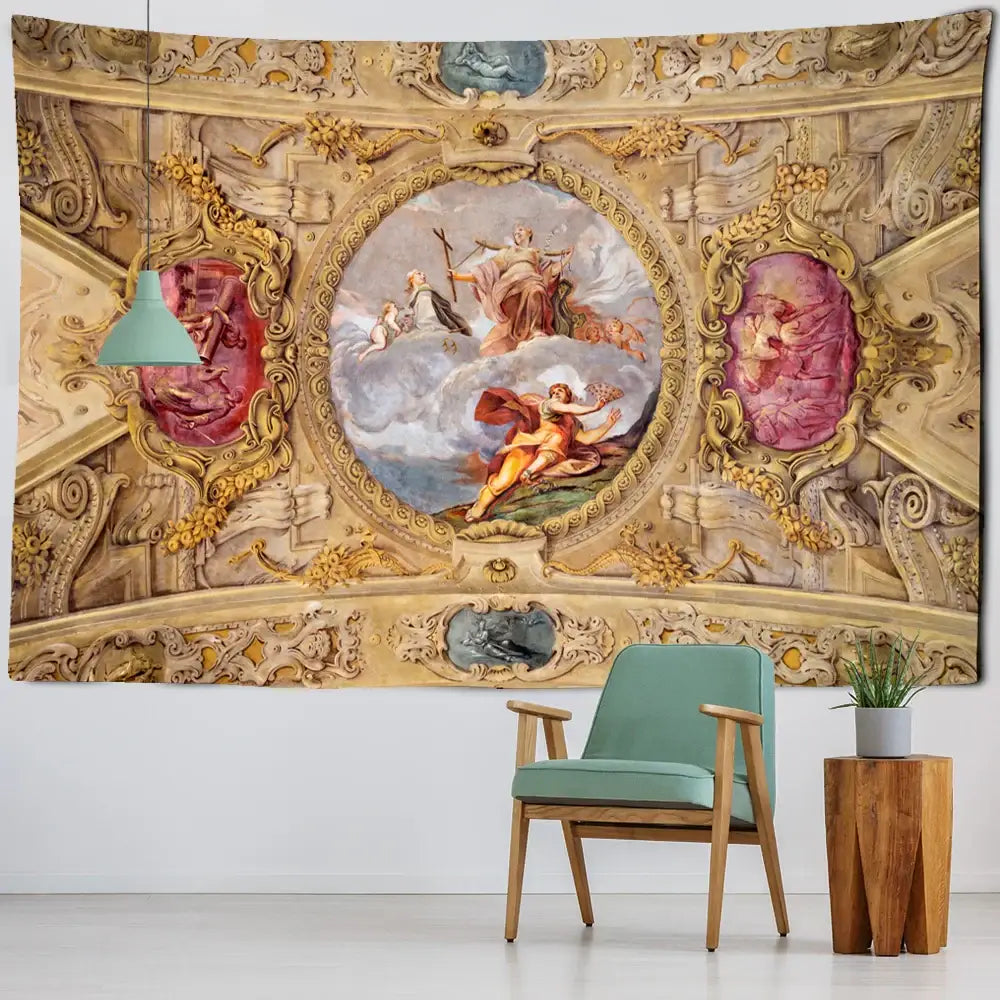 Ornate gold and pink classical ceiling fresco printed tapestry wall by decorbites boho printed for bedroom decor