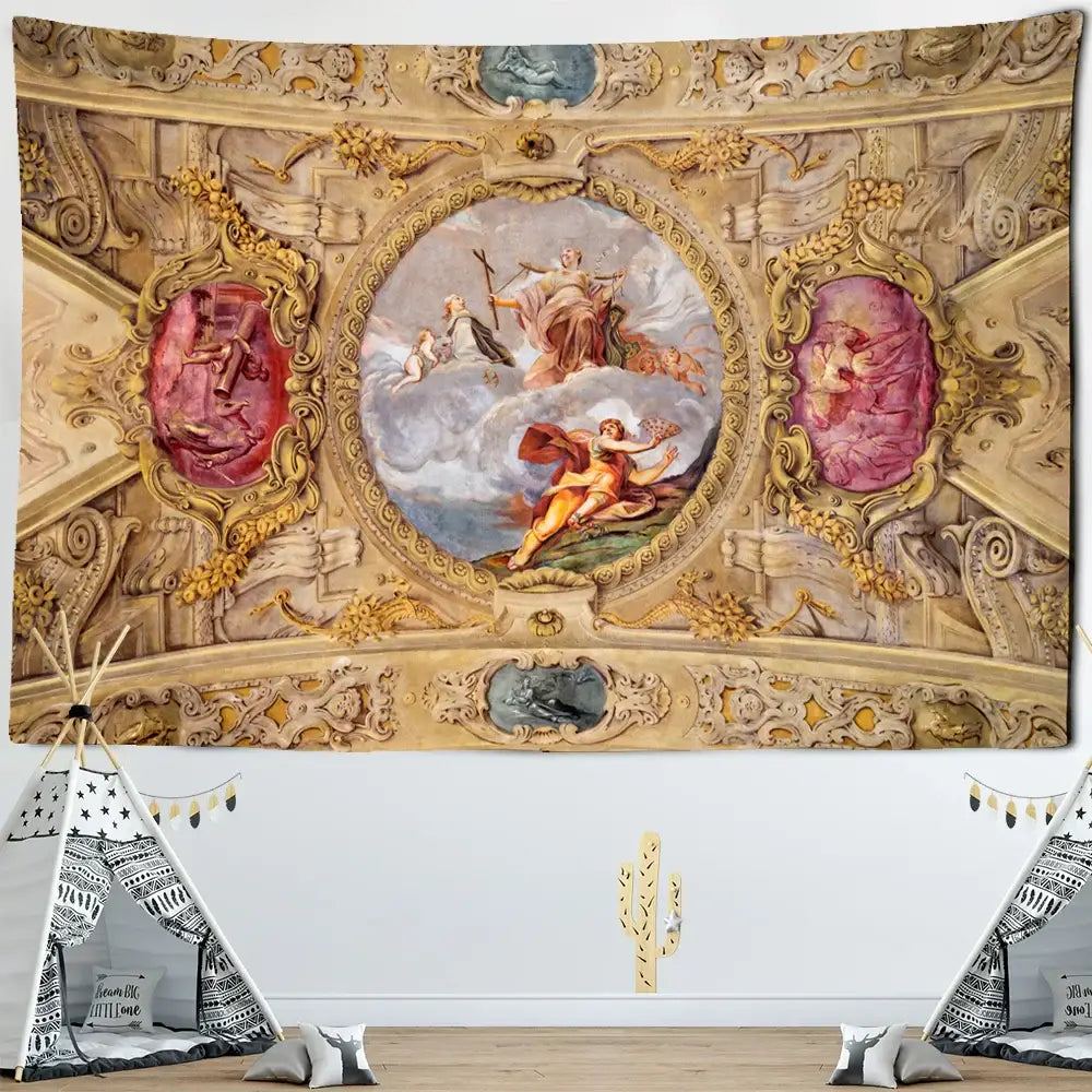 Classical ornate gold and pink boho printed tapestry wall decor featuring intricate baroque artwork for bedroom decorbites boho printed