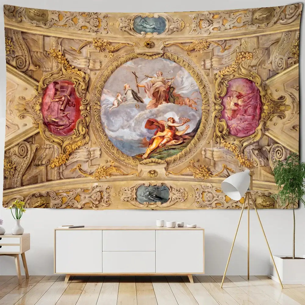 Classical ornate gold and pink boho printed tapestry wall decorbites boho printed tapestry for bedroom decor