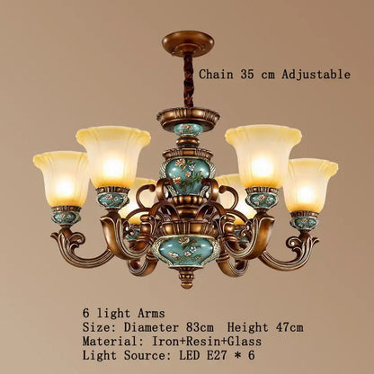 Antique-style decorbites classical resin chandelier with bronze iron arms turquoise resin panels and amber glass shades