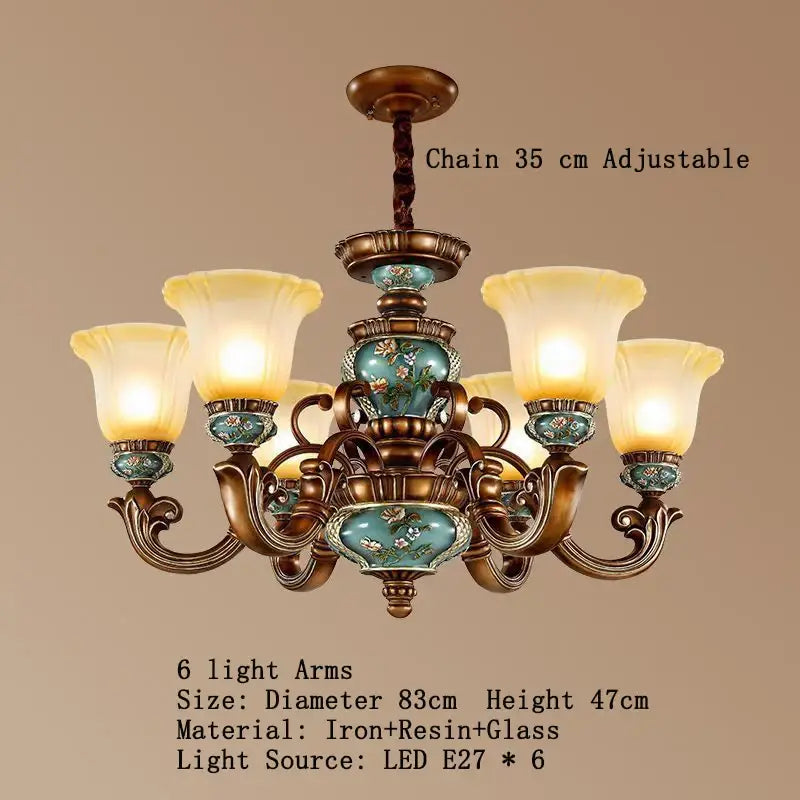 Antique-style decorbites classical resin chandelier with bronze iron arms turquoise resin panels and amber glass shades