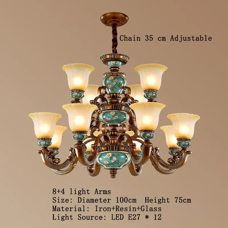 Antique bronze classical resin chandelier with eight arms and turquoise floral resin panels for living room decorbites classical