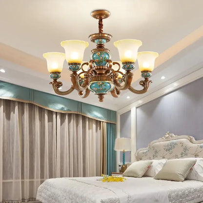 Classical resin chandelier with ornate bronze arms and turquoise glass panels for decorbites classical living room decor