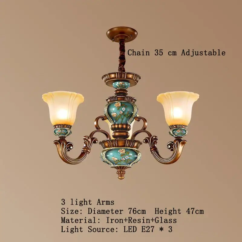 Antique-style decorbites classical resin chandelier with bronze metal arms and turquoise resin body for living room decor