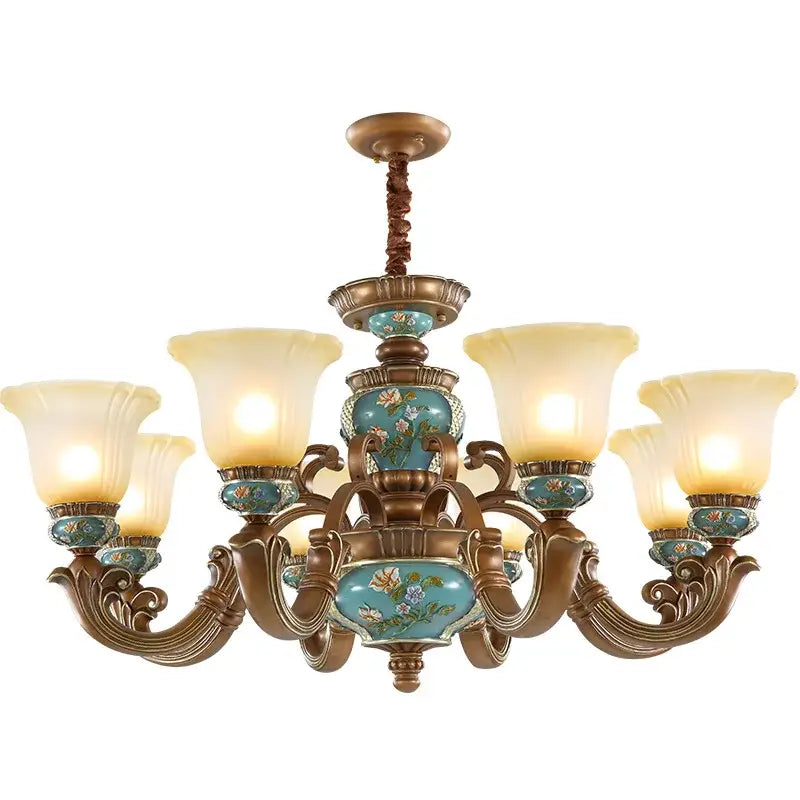 Antique bronze classical resin chandelier with turquoise enamel floral panels and frosted glass shades for living room decorbites classical