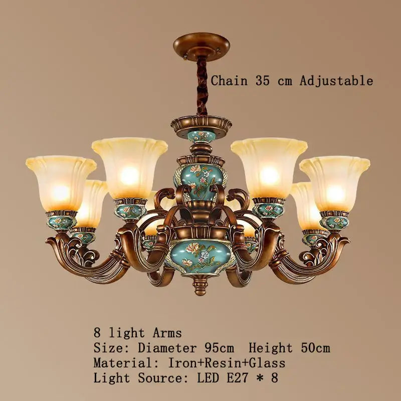 Classical resin chandelier by decorbites with eight ornate brass arms turquoise resin centers and amber glass shades