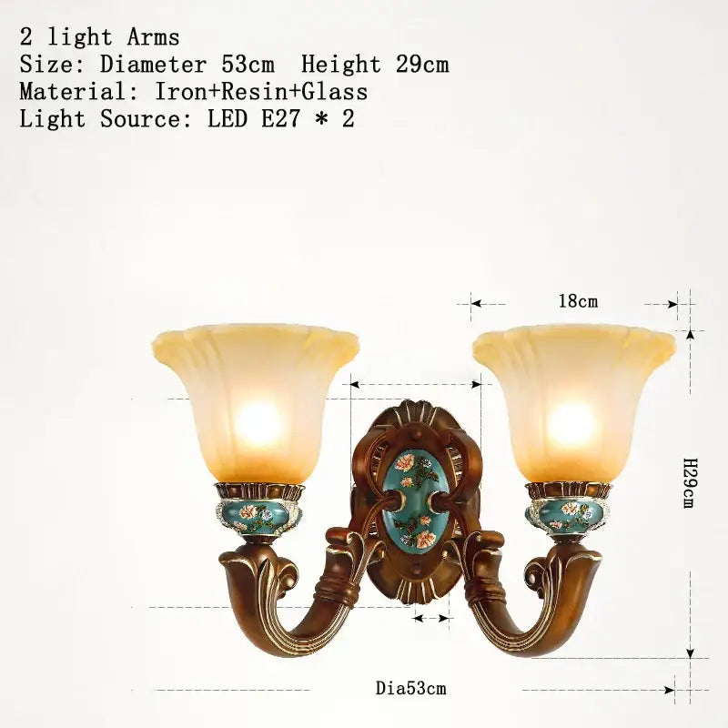 Antique bronze-finished decorbites classical resin wall sconce with amber glass shades and turquoise floral accents for living room