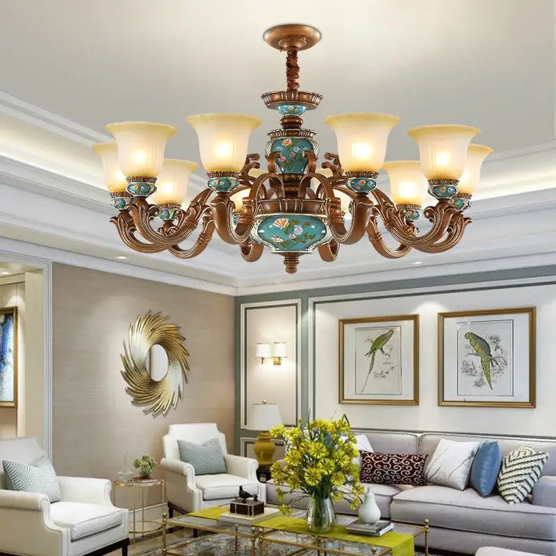 Antique bronze classical resin chandelier with turquoise floral porcelain and amber glass shades for living room decorbites classical resin