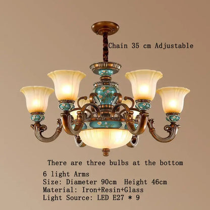 Classical resin chandelier bronze and turquoise with six ornate arms frosted glass shades for living room decorbites classical resin
