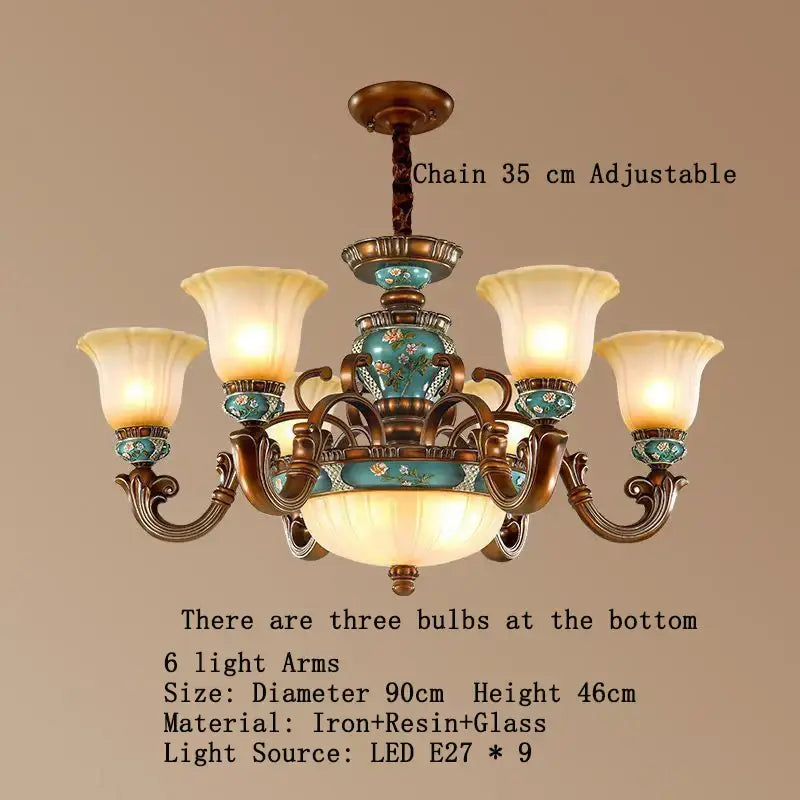 Classical resin chandelier bronze and turquoise with six ornate arms frosted glass shades for living room decorbites classical resin