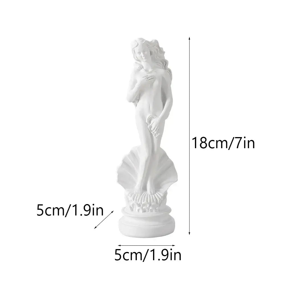 White resin 18cm aphrodite sculpture of a nude greek goddess statue standing on an ornate shell base for living room decor