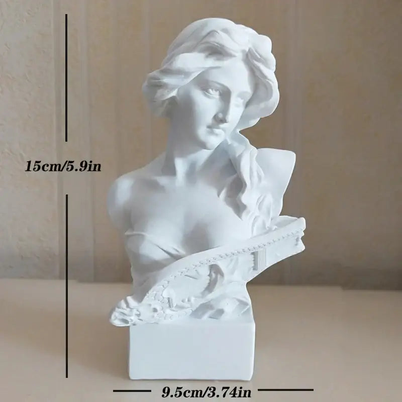 Classical white marble-style david statue head sculpture mini with flowing hair and draped fabric on rectangular base