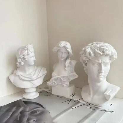 Three white resin david statue head sculpture busts with detailed hair and draped fabric for mini living room decor