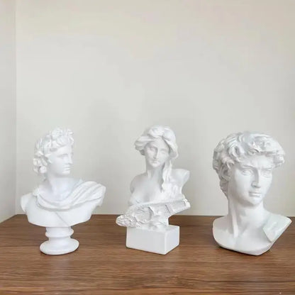 Three white resin classical david statue head sculptures with distinct hairstyles for mini living room decor
