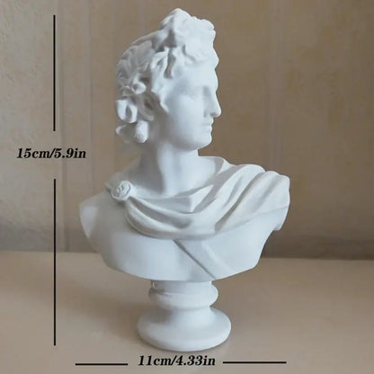 Classical white marble-style david statue head sculpture mini with curly hair and draped garment on ornate pedestal