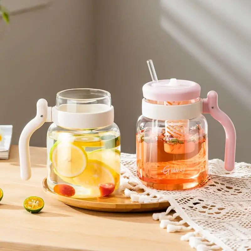 Clear 1000ml glass tumbler with handle pink and white plastic lids and straws decorbites 1000ml glass kitchen bottle