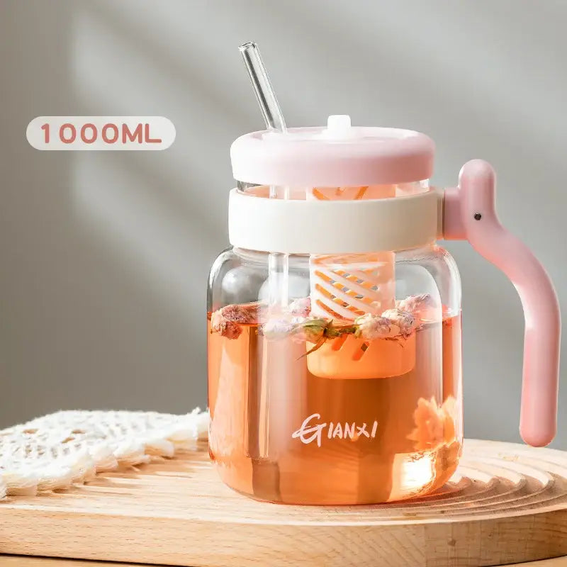 Clear 1000ml glass tumbler with handle and pink white glass tea infuser pitcher with silicone lid and straw decorbites 1000ml glass