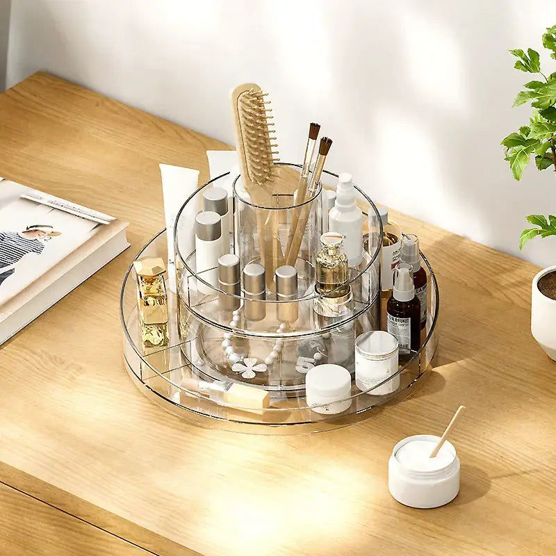 Clear acrylic three-tier rotating makeup organizer for bedroom vanity storage with durable acrylic makeup design