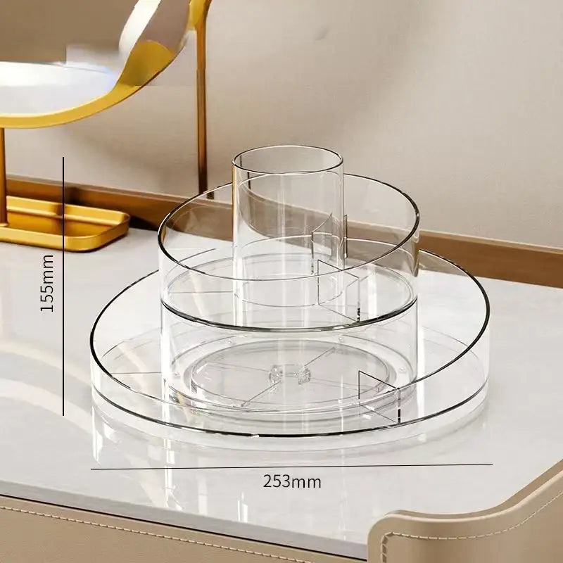Clear 3 tier rotating acrylic makeup organizer with a modern design for bedroom vanity storage and acrylic makeup
