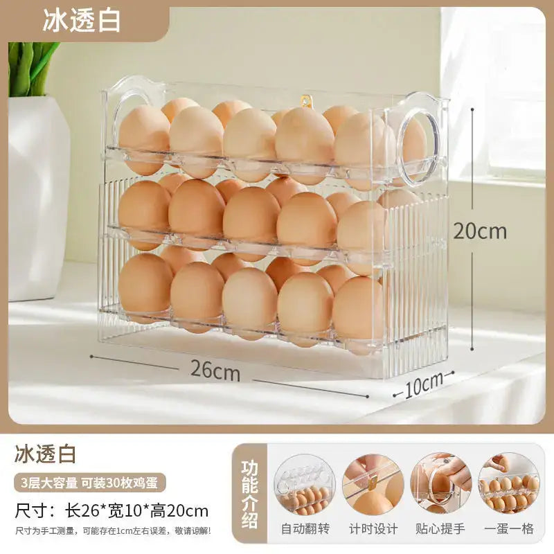 Clear 30 grid multi tier auto flip egg holder dispenser with transparent plastic design and rounded handles for kitchen storage