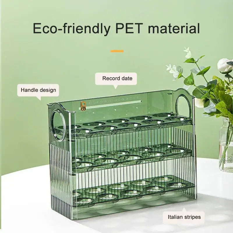 Transparent green pet plastic egg holder dispenser with handle and italian stripes for clear 30 grid multi tier storage