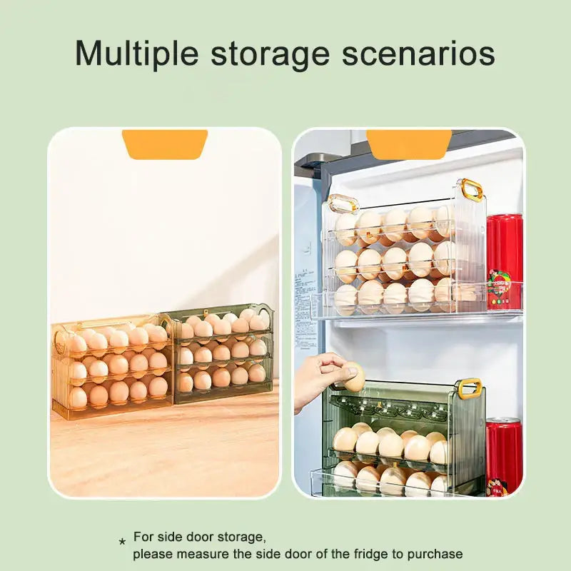 Clear plastic 30 grid multi tier egg holder dispenser with gold handle and mesh sides for kitchen storage