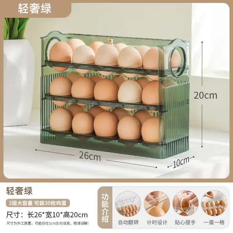 Translucent sage green three-tier egg holder dispenser with vertical ridged sides and circular handle for kitchen storage