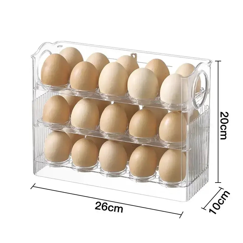 Clear plastic 30 grid multi tier egg holder dispenser with three tiers holding six eggs each for kitchen storage