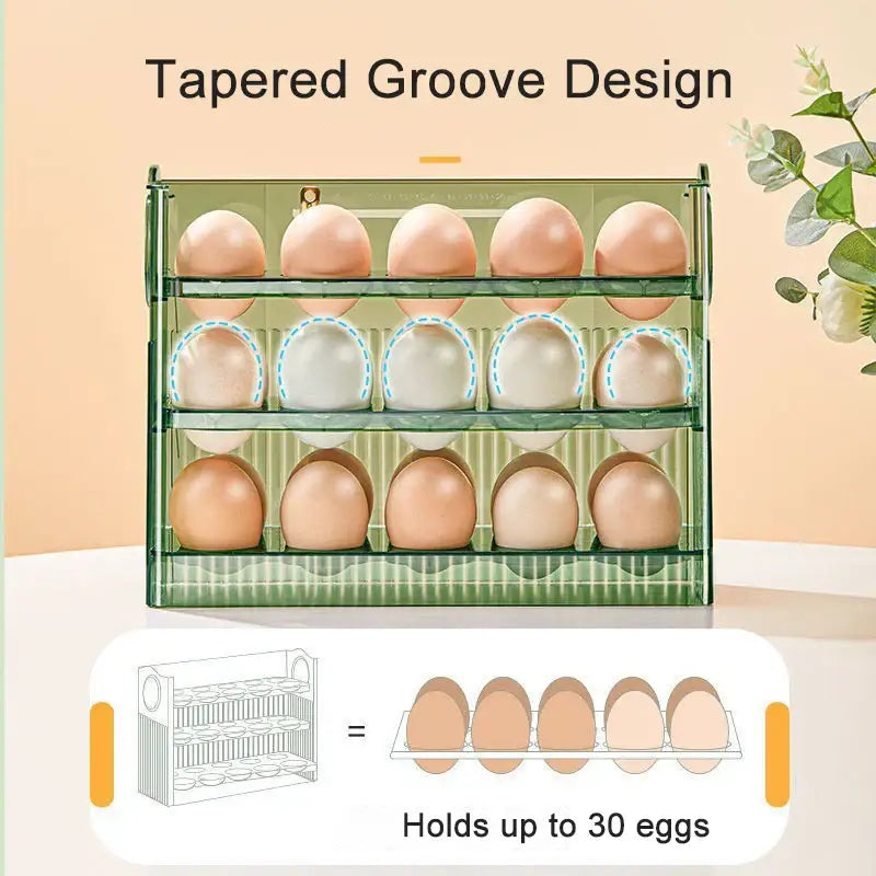 Clear green transparent plastic egg holder dispenser with three tiers and tapered groove design for kitchen storage