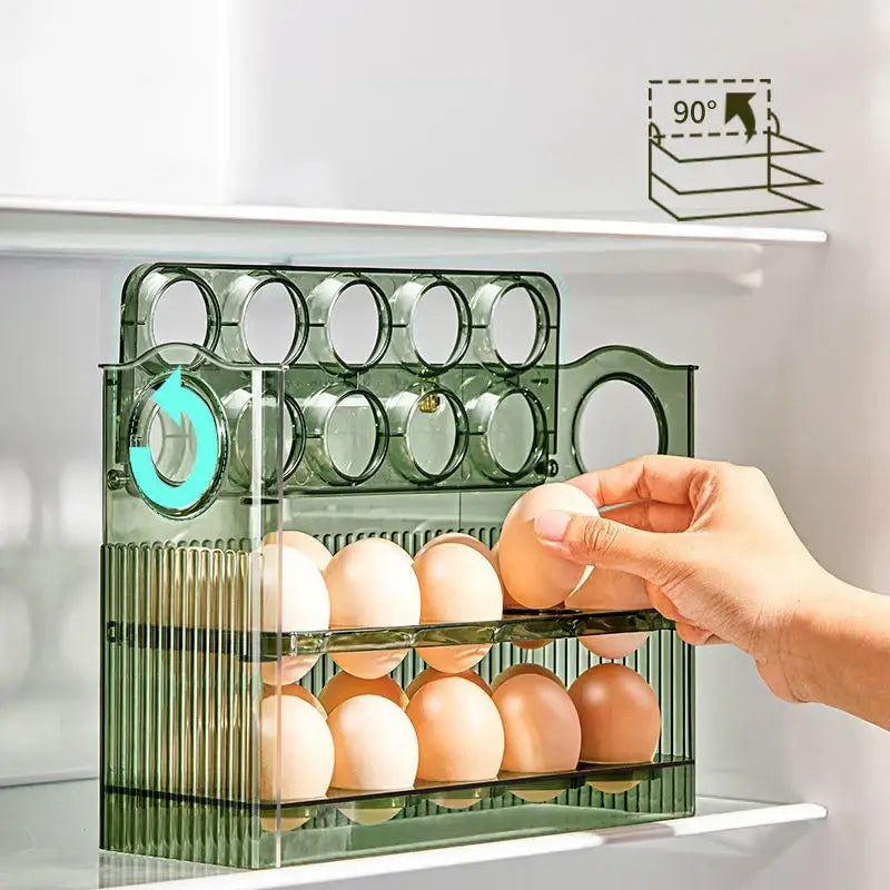 Transparent green plastic egg holder dispenser with 30 grid multi tier design and 90 degree tilt feature for kitchen storage