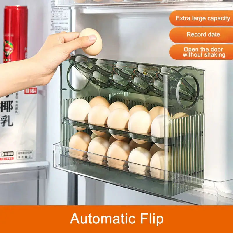 Clear plastic 30 grid multi tier egg holder dispenser with transparent design and circular handles for kitchen storage