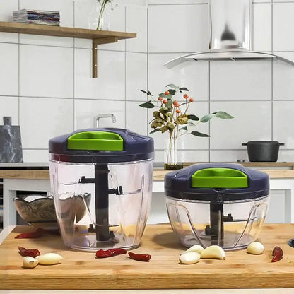 Two transparent plastic mini food shredders with navy blue and lime green lids for kitchen garlic prep on wood countertop