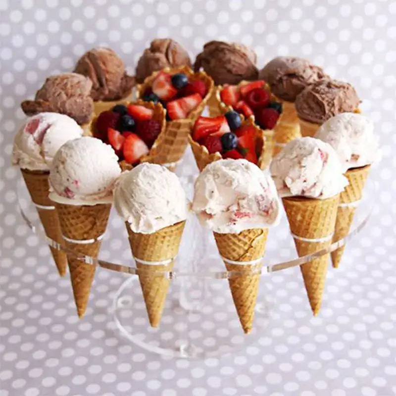 Clear acrylic cone holder stand displaying waffle ice cream cones filled with chocolate and strawberry ice cream