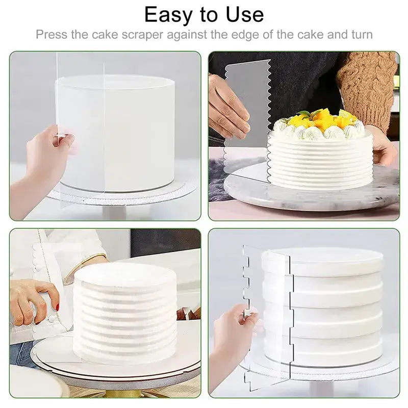 Clear acrylic scalloped cake cream scraper with serrated edge for precise cutting by decorbites cake cream scrapers