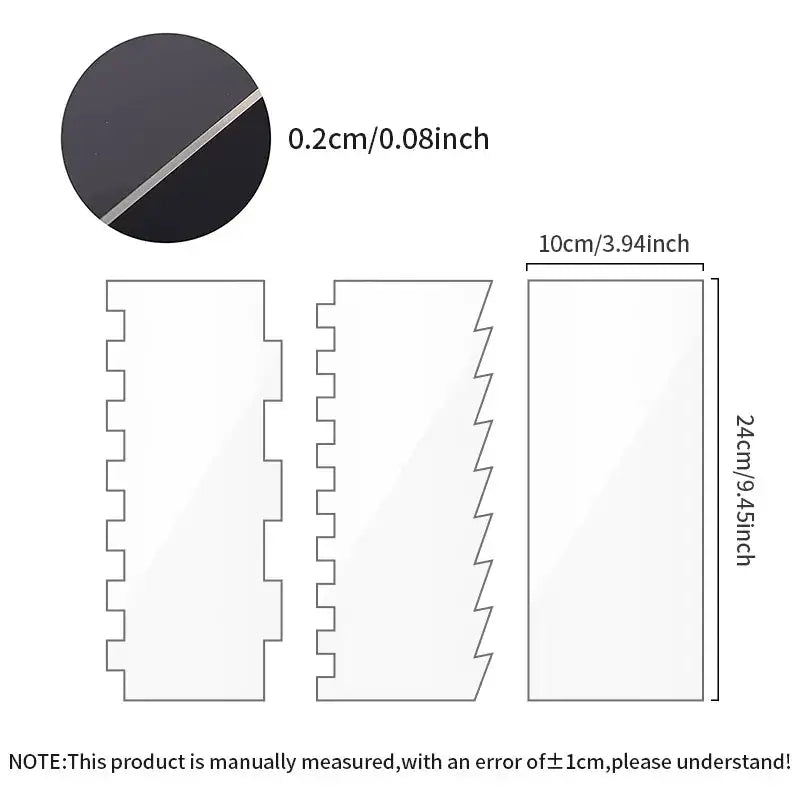 Clear acrylic scalloped cake cream scrapers with serrated edges and thin profile for decorbites cake cream use