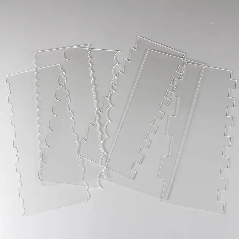 Clear acrylic scalloped and zigzag cake cream scrapers by decorbites for precise cake cream decorating tools