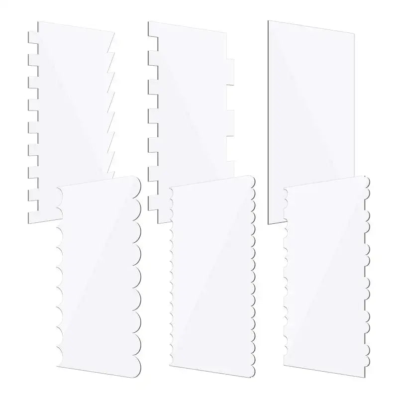 Clear acrylic scalloped cake cream scrapers with clear plastic storage dividers and interlocking tabs for decorbites cake cream