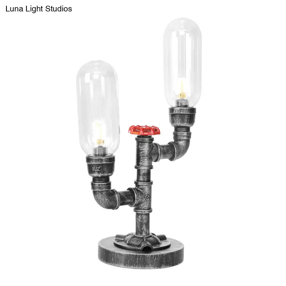 Clear/Amber Glass Antique Silver 2-Light Industrial Desk Lamp with Capsule Shade - Perfect for Living Room