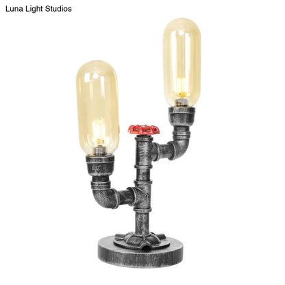 Clear/Amber Glass Antique Silver 2-Light Industrial Desk Lamp with Capsule Shade - Perfect for Living Room