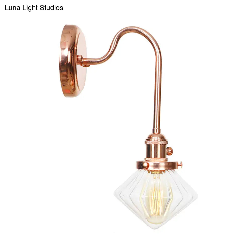 Clear/Amber Glass Copper Diamond Sconce Light - Farmhouse Wall Fixture for Bedroom