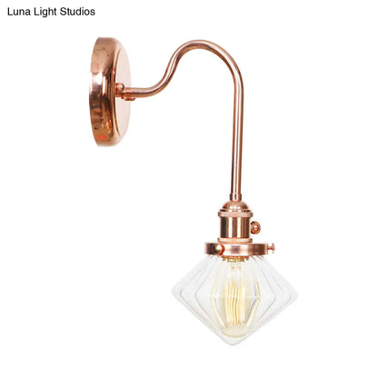 Clear/Amber Glass Copper Diamond Sconce Light - Farmhouse Wall Fixture for Bedroom