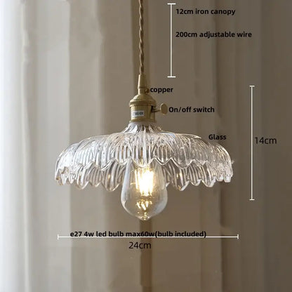 Clear scalloped glass pendant lamp with brass copper fixture and adjustable suspension for decorbites amber glass walnut decor